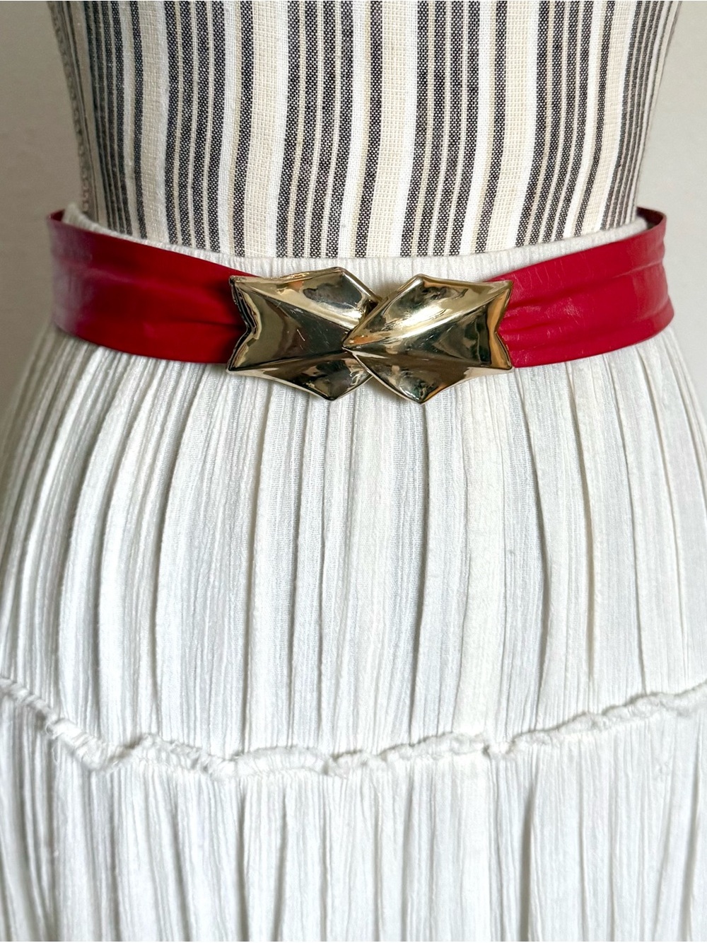 Vintage 80s Red Leather Statement Belt Gold Sculptural Buckle Adjustable
